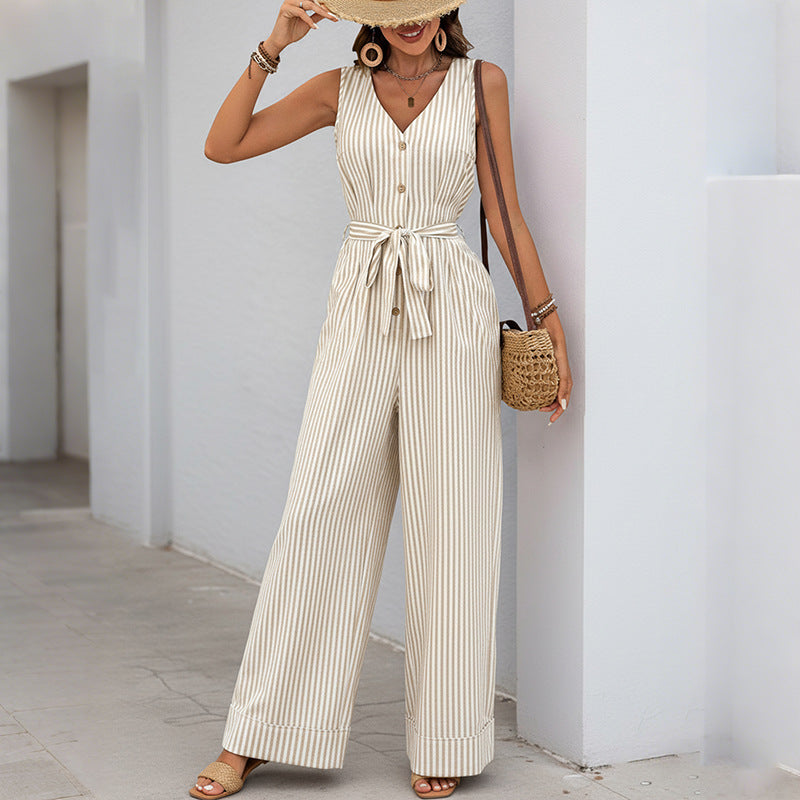 Casual tie-waist V-neck sleeveless striped jumpsuit for women