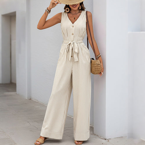 Casual tie-waist V-neck sleeveless striped jumpsuit for women