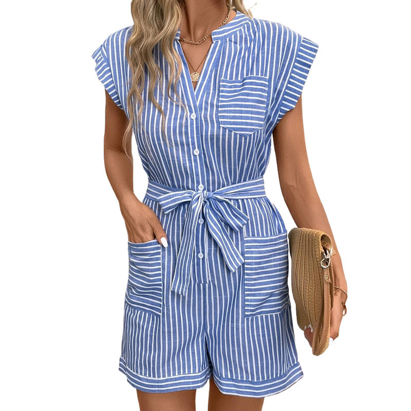 Lace-up waist-cinching casual loose striped ruffle sleeve V-neck jumpsuit for women