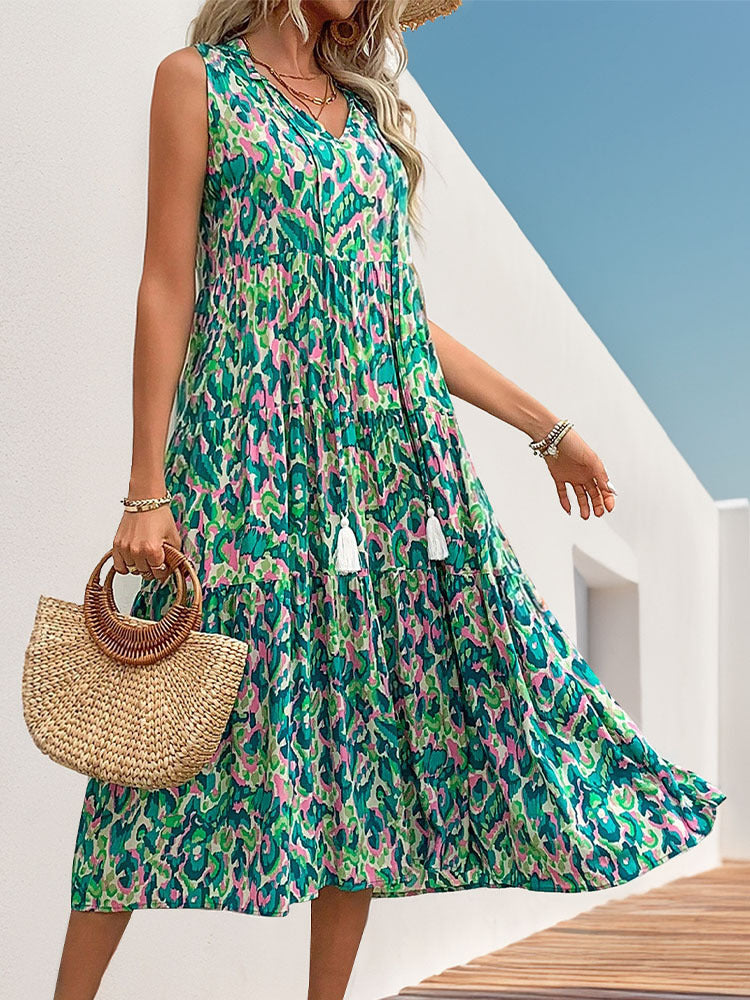 Resort Style Sleeveless V-Neck Tassel Abstract Print Dress for Women