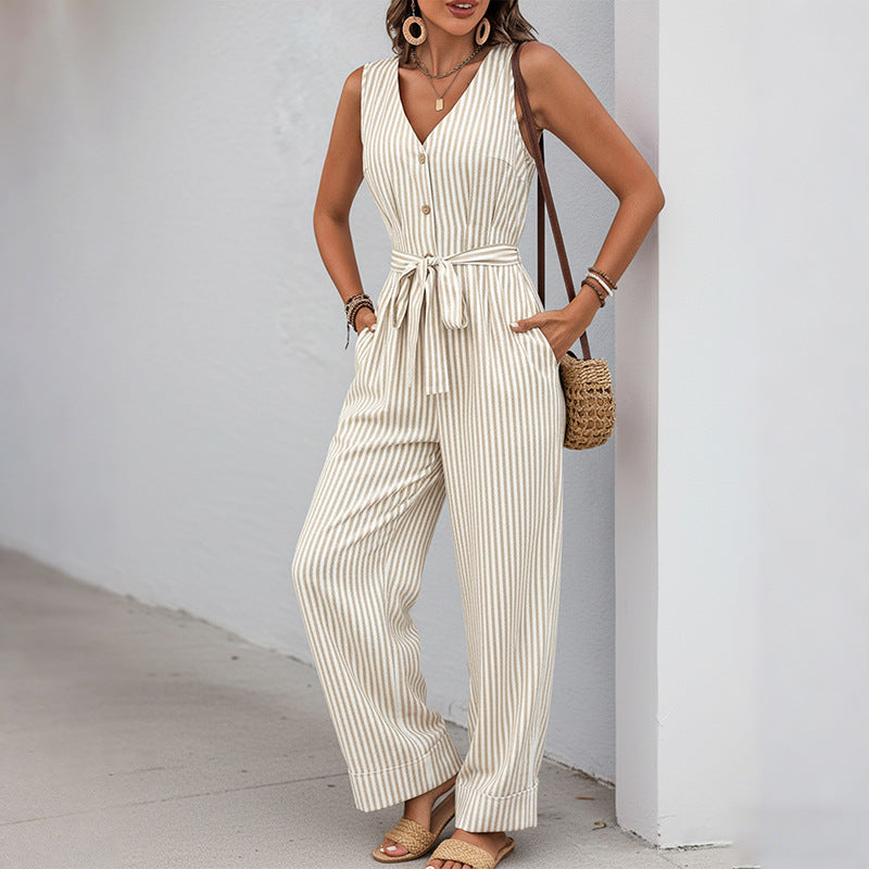 Casual tie-waist V-neck sleeveless striped jumpsuit for women