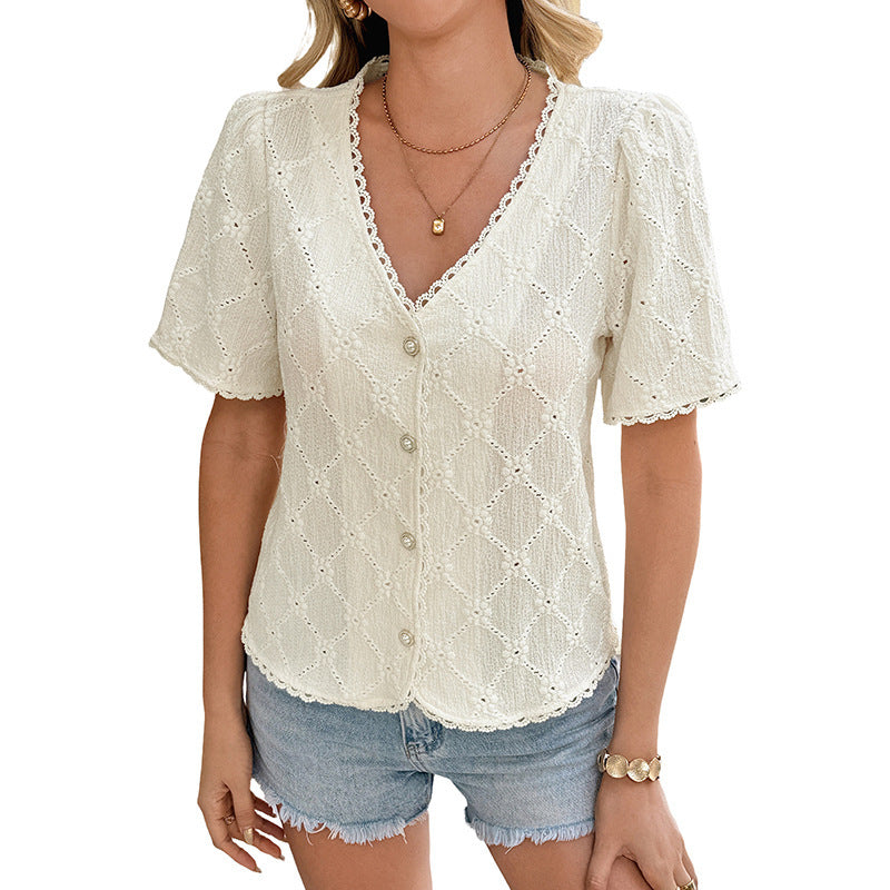 Women's Lace-trimmed V-neck Jacquard Blouse