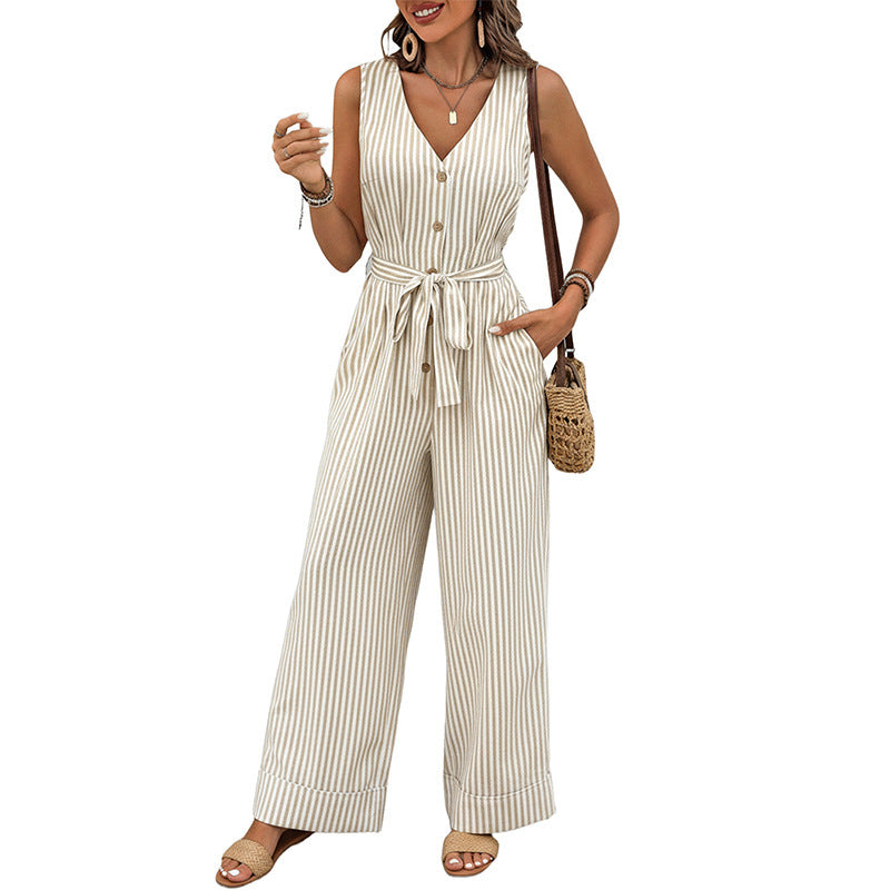 Casual tie-waist V-neck sleeveless striped jumpsuit for women