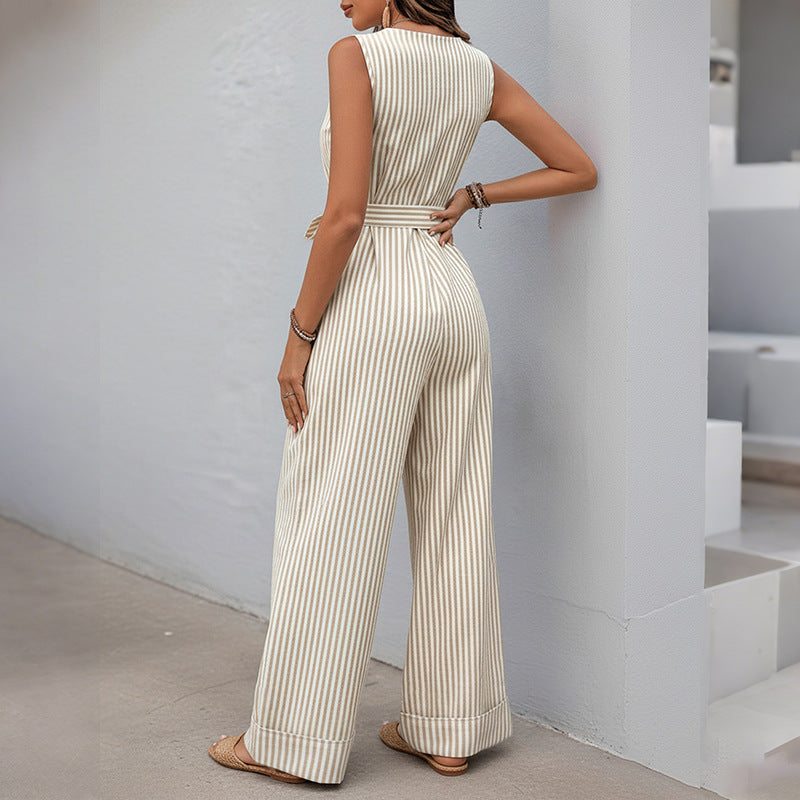 Casual tie-waist V-neck sleeveless striped jumpsuit for women